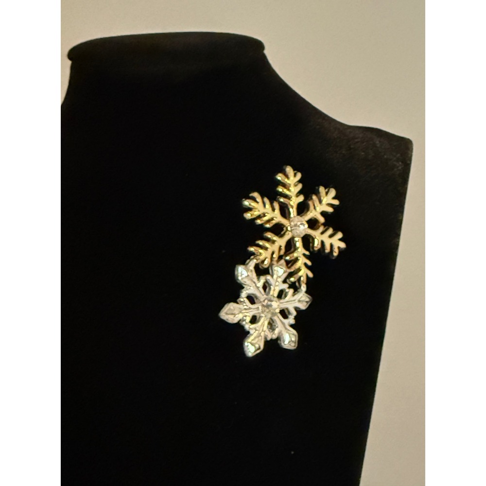 Vintage gold and silver-tone double snowflake‎ brooch with crystal accents